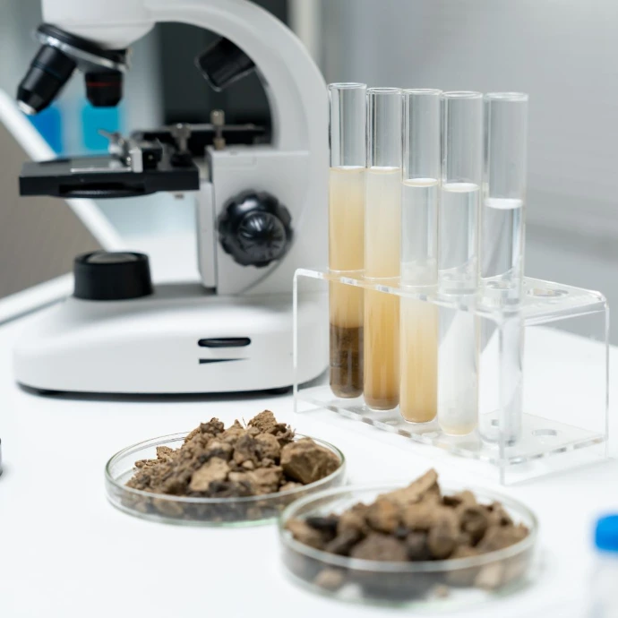Close-up of a scientific laboratory workbench equipped with a microscope, a test tube rack with analysis solutions, and Petri dishes filled with soil samples. Ideal for illustrating agronomy, geological research, or environmental analysis.
