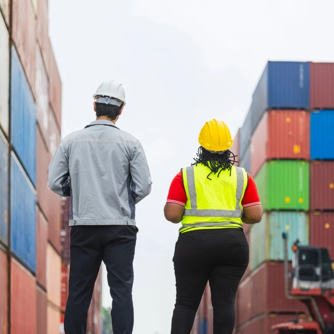 Vue de dos de professionnels de la chaîne d'approvisionnement et de la logistique supervisant des piles de conteneurs colorés dans un terminal de transport maritime. Parfait pour les secteurs du transport international, de la gestion portuaire et de la supply chain.