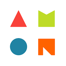Illustration graphique épurée composée de quatre formes géométriques distinctes aux couleurs vives (rouge, vert, bleu et orange) sur fond blanc, idéale pour illustrer la créativité, l'identité visuelle ou des concepts ludo-éducatifs.