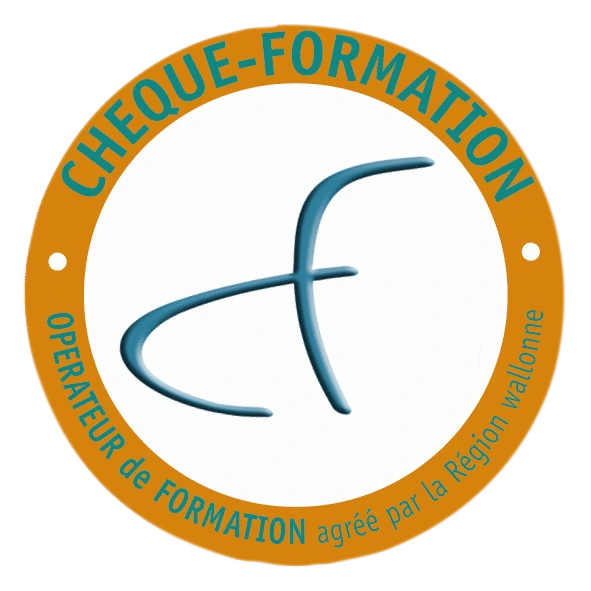 Logotype officiel du dispositif Chèque-Formation, affichant une bordure orange et turquoise avec la mention "Opérateur de formation agréé par la Région wallonne". Indispensable pour attester des formations éligibles aux subventions régionales en Wallonie.