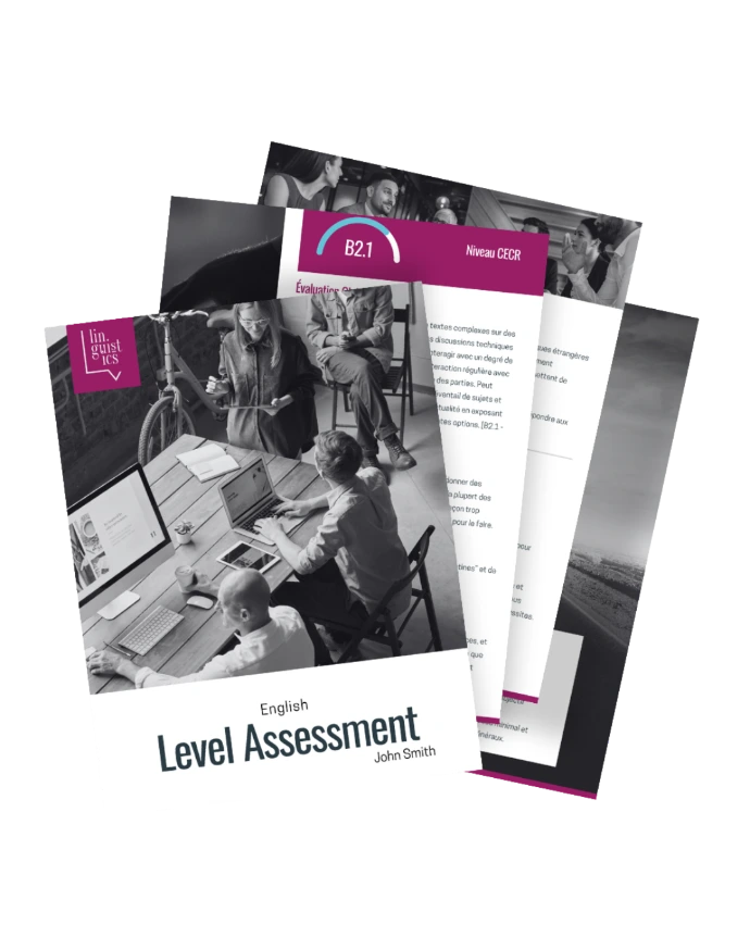 Vue d'ensemble en cascade de documents et de dossiers d'audit linguistique (« Level Assessment ») posés sur un bureau, illustrant les bilans de compétences, les tests de langues et le suivi professionnel en entreprise.