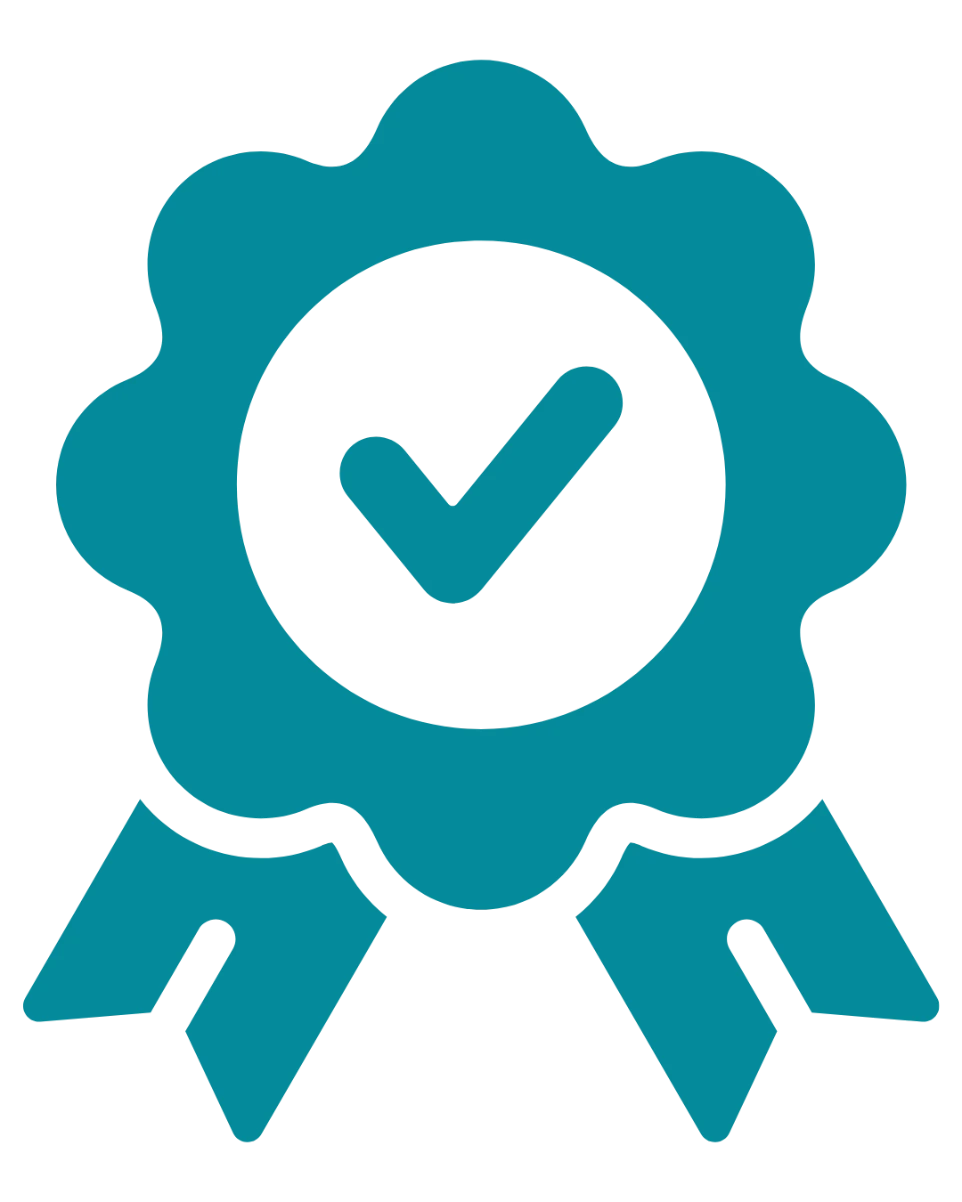 Illustration vectorielle turquoise d'un sceau de garantie en forme de fleur avec des rubans, comportant un cercle blanc et une coche de validation au centre. Parfait pour illustrer la certification, la conformité et la haute qualité.