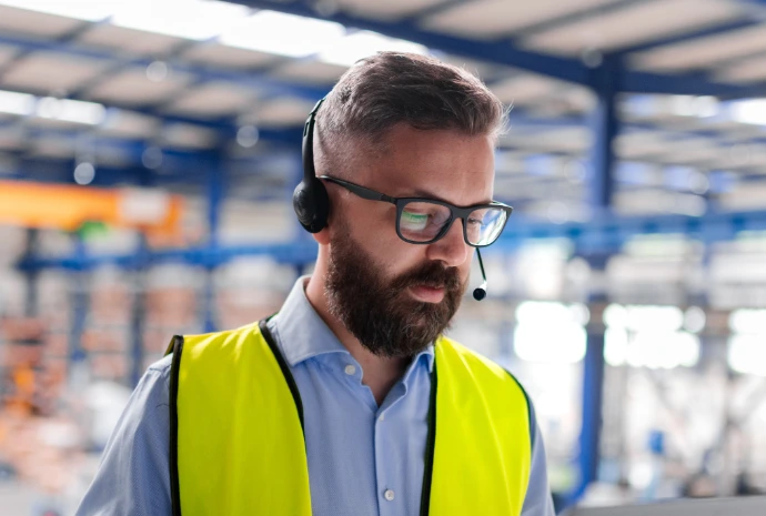 Portrait d'un opérateur de logistique barbu portant des lunettes, une chemise bleue, un gilet jaune de sécurité et un micro-casque, concentré au travail au cœur d'un entrepôt ou d'une usine.