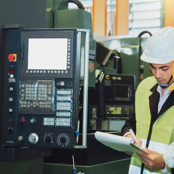 Un opérateur portant un casque de chantier blanc et un gilet de haute visibilité en train de prendre des notes sur un bloc-notes face à la console de commande numérique d'une grande machine-outil. Parfait pour les sites industriels, la sécurité au travail et le contrôle de production.