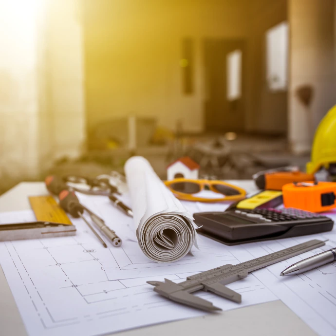 Vue rapprochée d'un bureau de chantier baigné de lumière, regroupant des rouleaux de plans architecturaux, un pied à coulisse, une calculatrice, des crayons et des outils de mesure. Parfait pour illustrer l'ingénierie, la préparation de projets de construction et le travail technique.